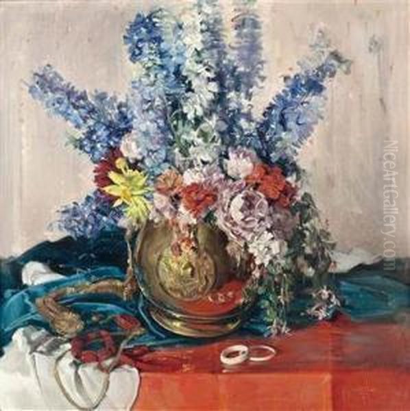 Stillleben Mit Blumen In Messingvase Und Schmuckstucken Oil Painting by Louis Hofbauer