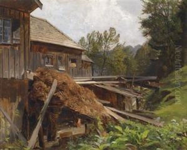 Farmyard Scene Oil Painting by Ludwig Friedrich Hofelich