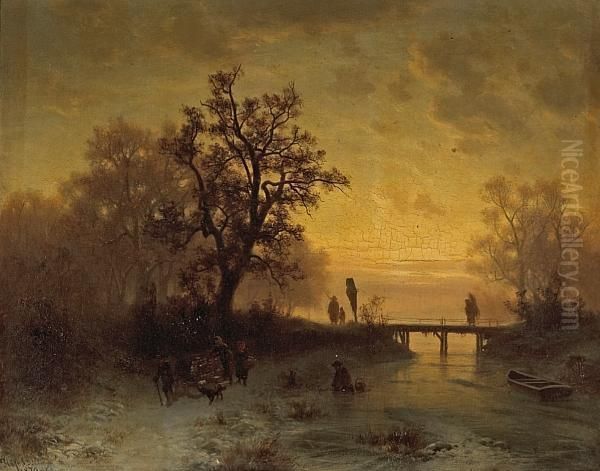 A Winter Landscape At Sunset Withfigures Oil Painting by Heinrich Hofer