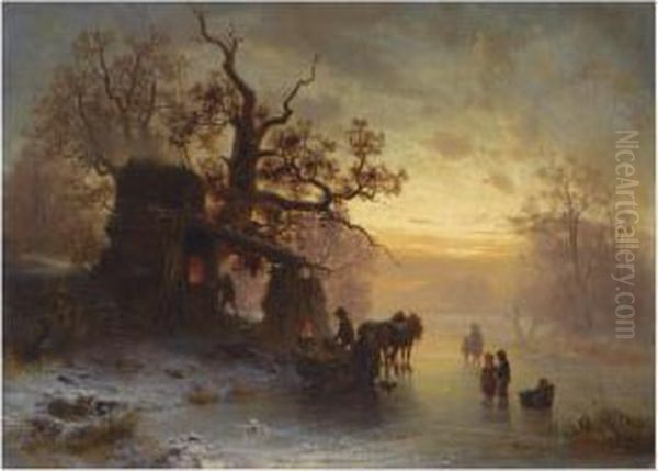 Figures At A Smithy In Winter Oil Painting by Heinrich Hofer