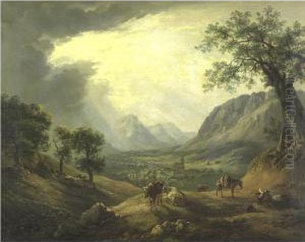 Extensive Landscape With Cattle And A Village In A Distance Oil Painting by Ignaz Hofer