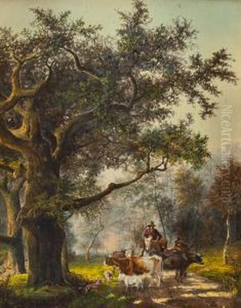 Bauern Mit Vieh Auf Waldweg Oil Painting by Van'T Adrianus Johannes Hoff