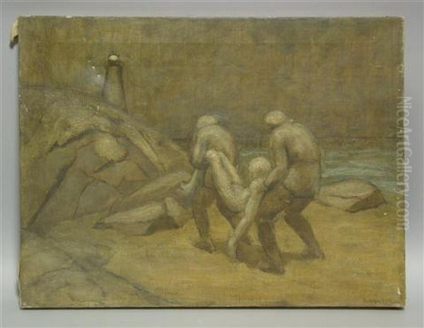 Figures On The Shore At Night Oil Painting by Van'T Adrianus Johannes Hoff