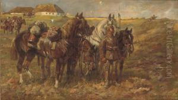 Cavalry At Rest Oil Painting by Anton Hoffmann