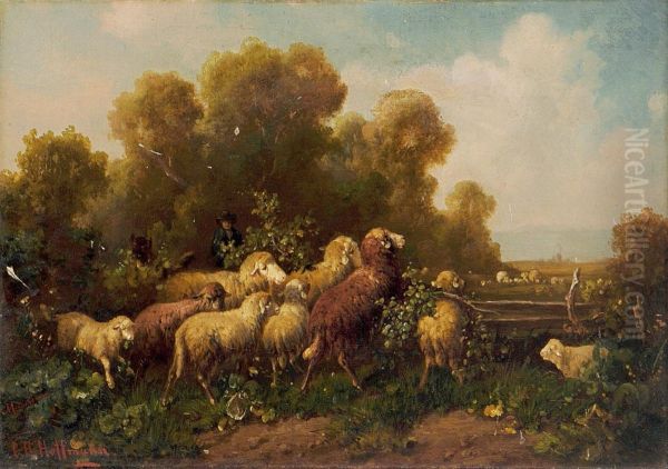 Schafe Am Gatter Auf Der Weide Oil Painting by Carl Heinrich Hoffmann