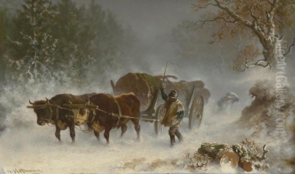 Holzfaller Mit Ochsengespann Im Winter. Oil Painting by Carl Heinrich Hoffmann