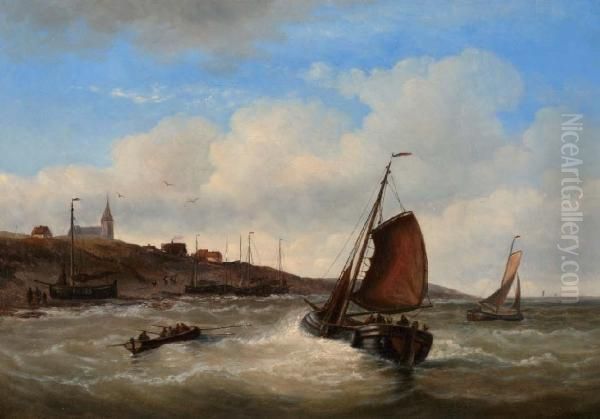 Vissersschepen Voor De Scheveningse Kust Oil Painting by Georges Johannes Hoffmann