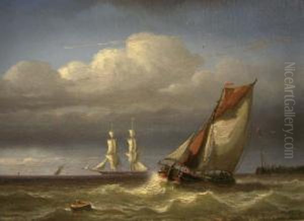 Zeilschepen Bij Havenhoofd Oil Painting by Georges Johannes Hoffmann