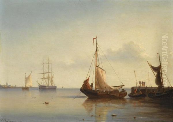 Sailing Boats Near A Jetty Oil Painting by Georges Johannes Hoffmann