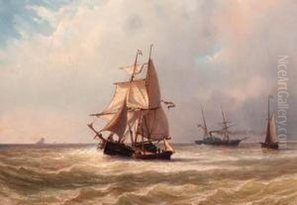 A Full-rigged Koff In A Breeze, A Paddle Steamer Beyond Oil Painting by Georges Johannes Hoffmann