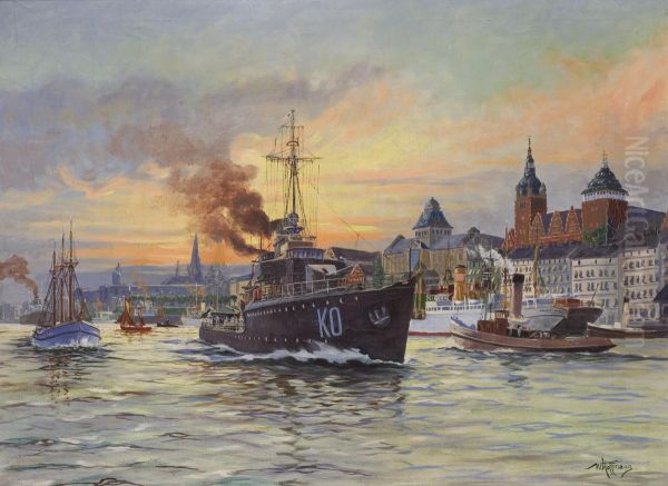 Harbour At Sunset Oil Painting by Max Hoffmann