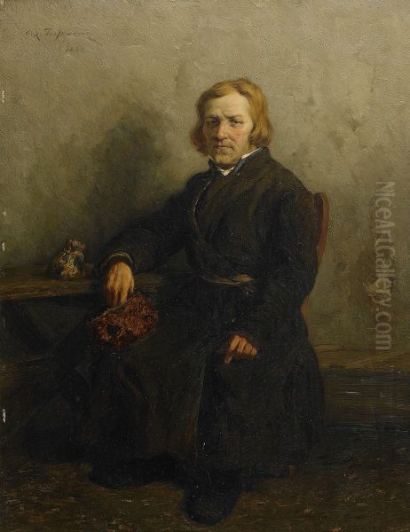 Interior Med Sittande Man Oil Painting by Oskar Adolfovitch Hoffmann