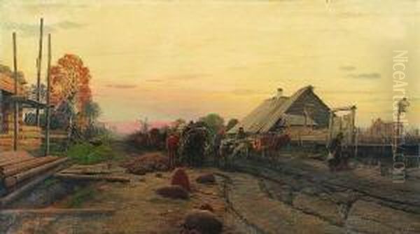 Russische Dorfstrase Bei
 Sonnenuntergangsstimmung Oil Painting by Oskar Adolfovitch Hoffmann