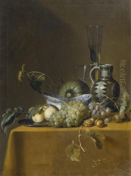 Still Life With Fruits, 
Porcelain Bowls, 
Stoneware Jug And Drinking Glasses. Oil Painting by Samuel Hoffmann