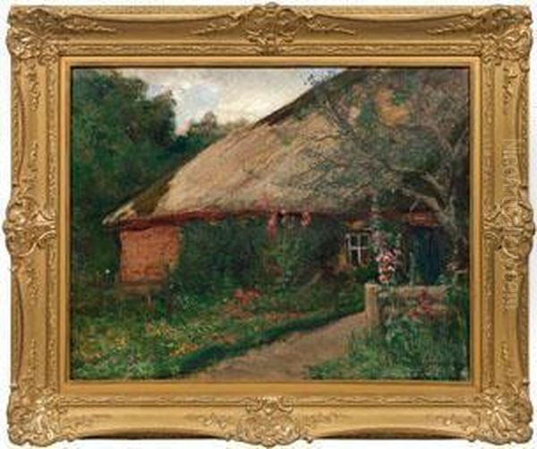 Norddeutsche Bauernkate Mit Stockrosen Im Garten Oil Painting by Franz Hoffmann-Fallersleben