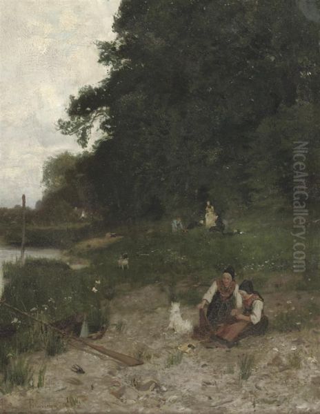 An Encounter In The Grass By The River Oil Painting by Franz Hoffmann-Fallersleben