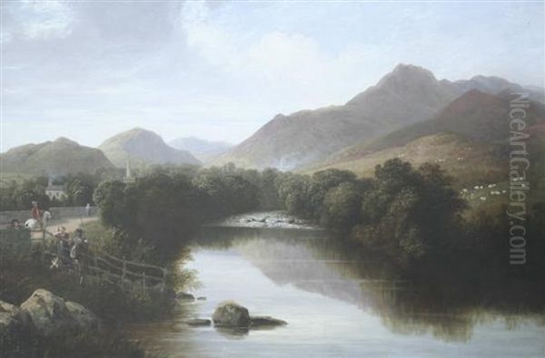 Angler With Creel Beside The Greta, Nr Keswick, Label Verso Oil Painting by Thomas Christopher Hofland