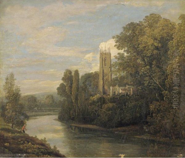 A Church Above A River Oil Painting by Thomas Christopher Hofland