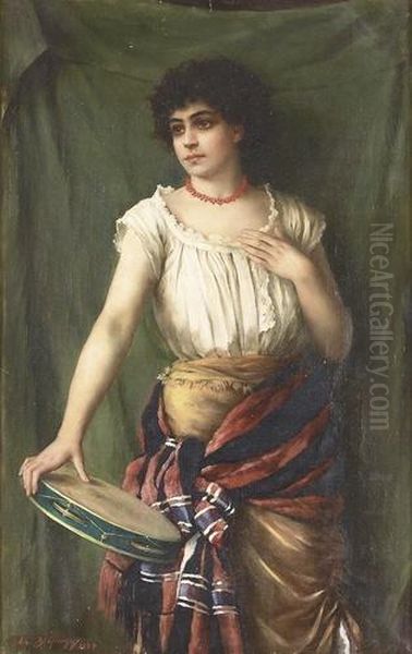 Junge Italienerin Mit Einem Tambourin. Oil Painting by Albert Hoflinger