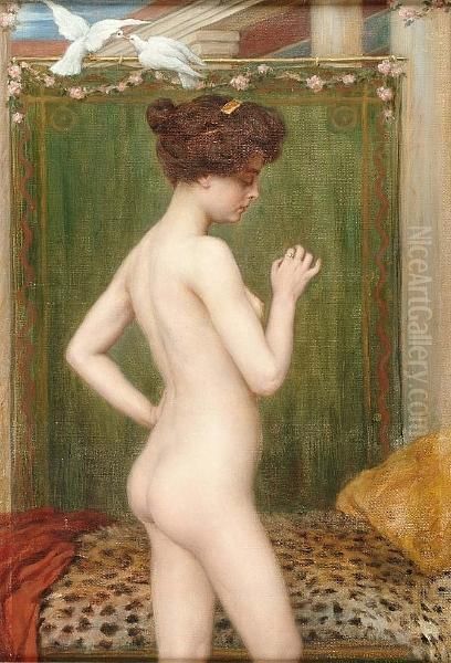 A Standing Femal Nude With A Pair Of Doves Oil Painting by Albert Hoflinger