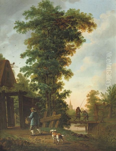 A Boy And His Dog On A Track Near A Cottage, Figures Fishing On Abridge Nearby Oil Painting by Pieter Hofmans, Il Giannizzero