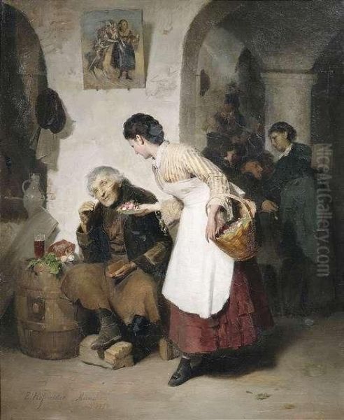 In Front Of A Hostelry. 
A Lady Giving Flowers To A Mendicant. Oil Painting by Eugen Hofmeister