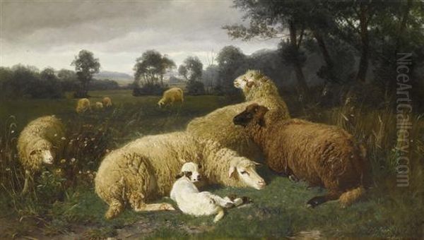 Reclining Sheep Oil Painting by Johann Baptist Hofner