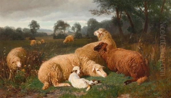 Sheep Resting In Aresing Landscape Oil Painting by Johann Baptist Hofner