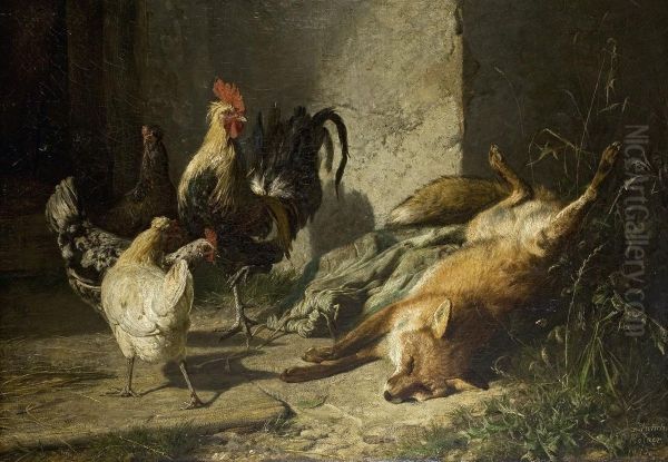 Toter Fuchs Und Huhner Oil Painting by Johann Baptist Hofner