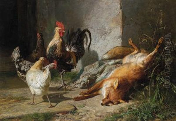 Galline Nella Cascina Oil Painting by Johann Baptist Hofner