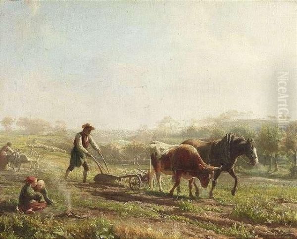 Peasant Family On The Field Oil Painting by Johann Baptist Hofner