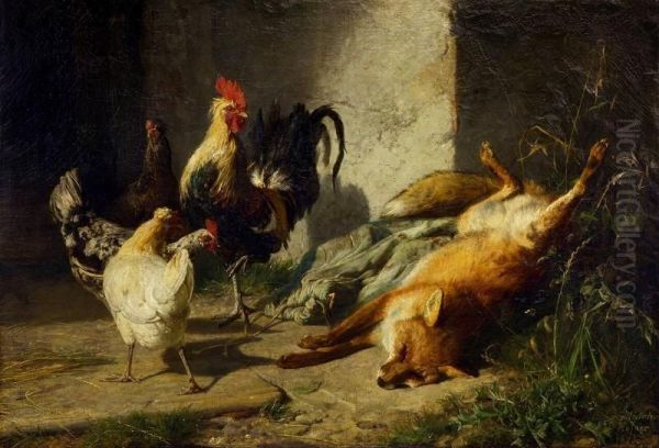 A Shot Fox And Cock Oil Painting by Johann Baptist Hofner