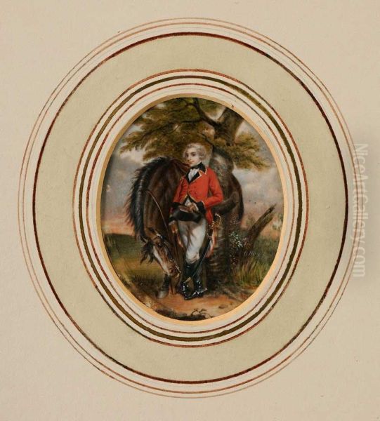 Miniature Portrait Of An Officer Standing With Horse Oil Painting by O. Hogg