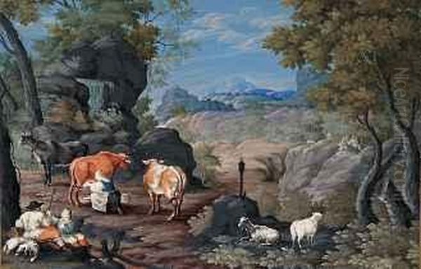 Sommerliche Landschaft Mit Hirten Und Melkerin Bei Einem Wasserfall (pastorale) Oil Painting by Wolfgang Hogler