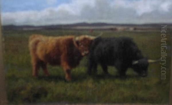 Highland Cattle In A Moorland Landscape Oil Painting by Stephen E. Hogley