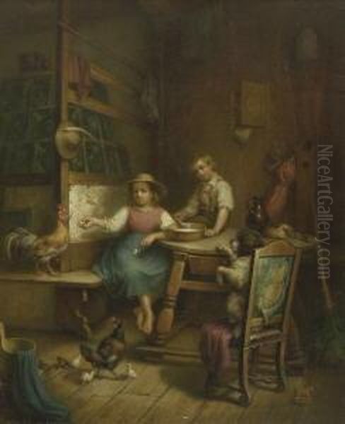 Zwei Kinder In Der Stube Oil Painting by Friedrich Hohbach