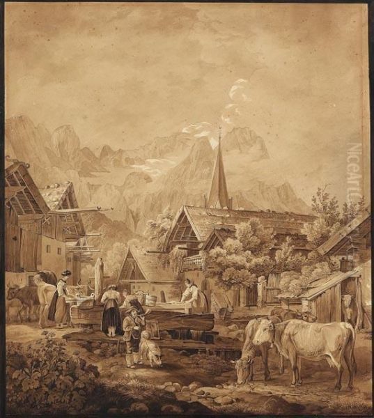 Dorf Partenkirchen Mit Aussicht Auf Die Zugspitze Oil Painting by Friedrich Hohe