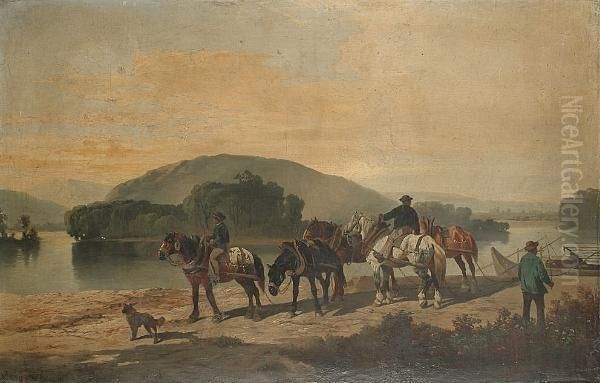 A River Scene With Working Horses And Men In The Foreground Oil Painting by Friedrich Hohe