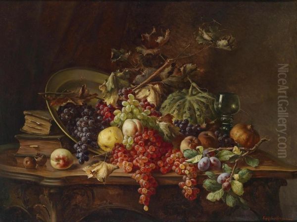 Still Life Of Fruit With Grapes Oil Painting by Enrico Hohenberger