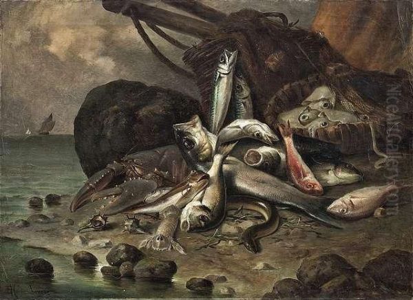 Still-lifewith Fish And Crustaceans At Seashore Oil Painting by Enrico Hohenberger