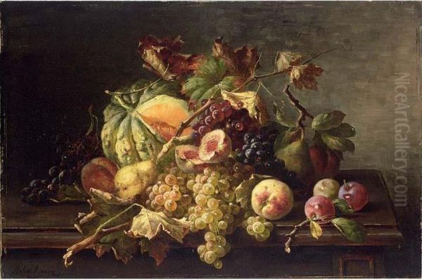 A Still Life With Grapes, Peaches, Prunes And A Pumpkin All On A Wooden Ledge Oil Painting by Franz Hohenberger