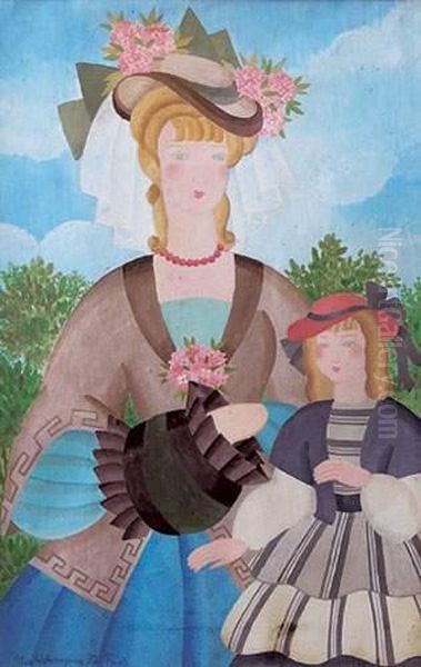 Mere Et Fille Au Jardin (1932) Oil Painting by Alice Hohermann