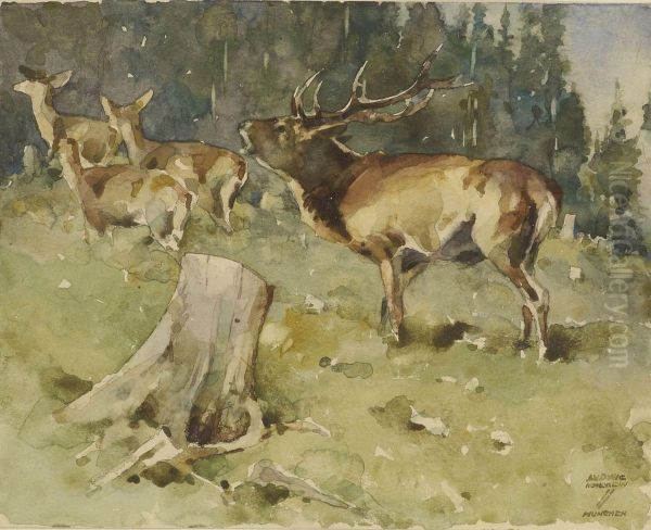 Rohrender Hirsch In Waldlichtung Oil Painting by Ludwig Hohlwein