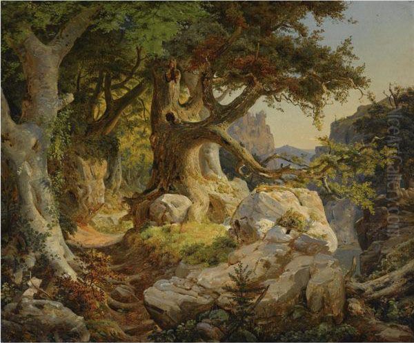 Der Drachenfels (view Of The Drachenfels) Oil Painting by Adolf Hohneck