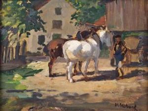 Zwei Arbeitspferde Vor Gehoft Oil Painting by Wilhelm Hohnel