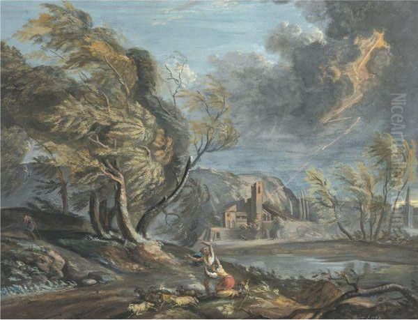 Stormy Landscape, With Shepherds And Flocks Frightened Bylightning Oil Painting by Claude Jean-Bapt. Hoin