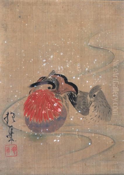 Birds On Winter Pond Oil Painting by Sakai Hoitsu