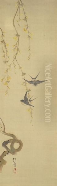 Swallows And Forsythia Oil Painting by Sakai Hoitsu