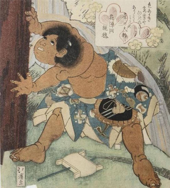 De Jonge Kintoki (kintaro) Schudt Mythologische Vogels (tengu) Uit
Een Ceder Boom Toen Hij Met Zijn Moeder Yamauba In Het Ashigaru
Gebergte Woonde Oil Painting by Toyota Hokkei