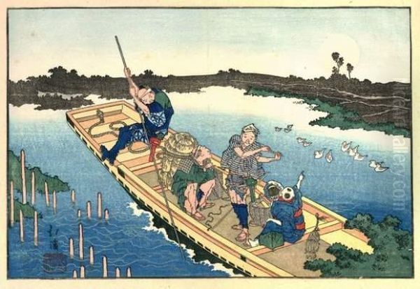 Paysan Dans Une Barque De Pecheur Sur La Riviere Sumida, Admirant La Pleine Lune. Oil Painting by Toyota Hokkei